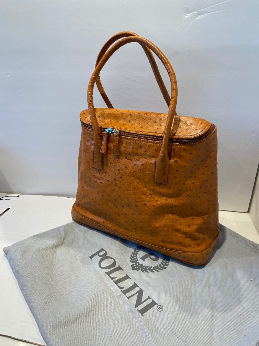 Vintage POLLINI Cognac Ostrich Embossed Leather Handbag - NWT No Tags
